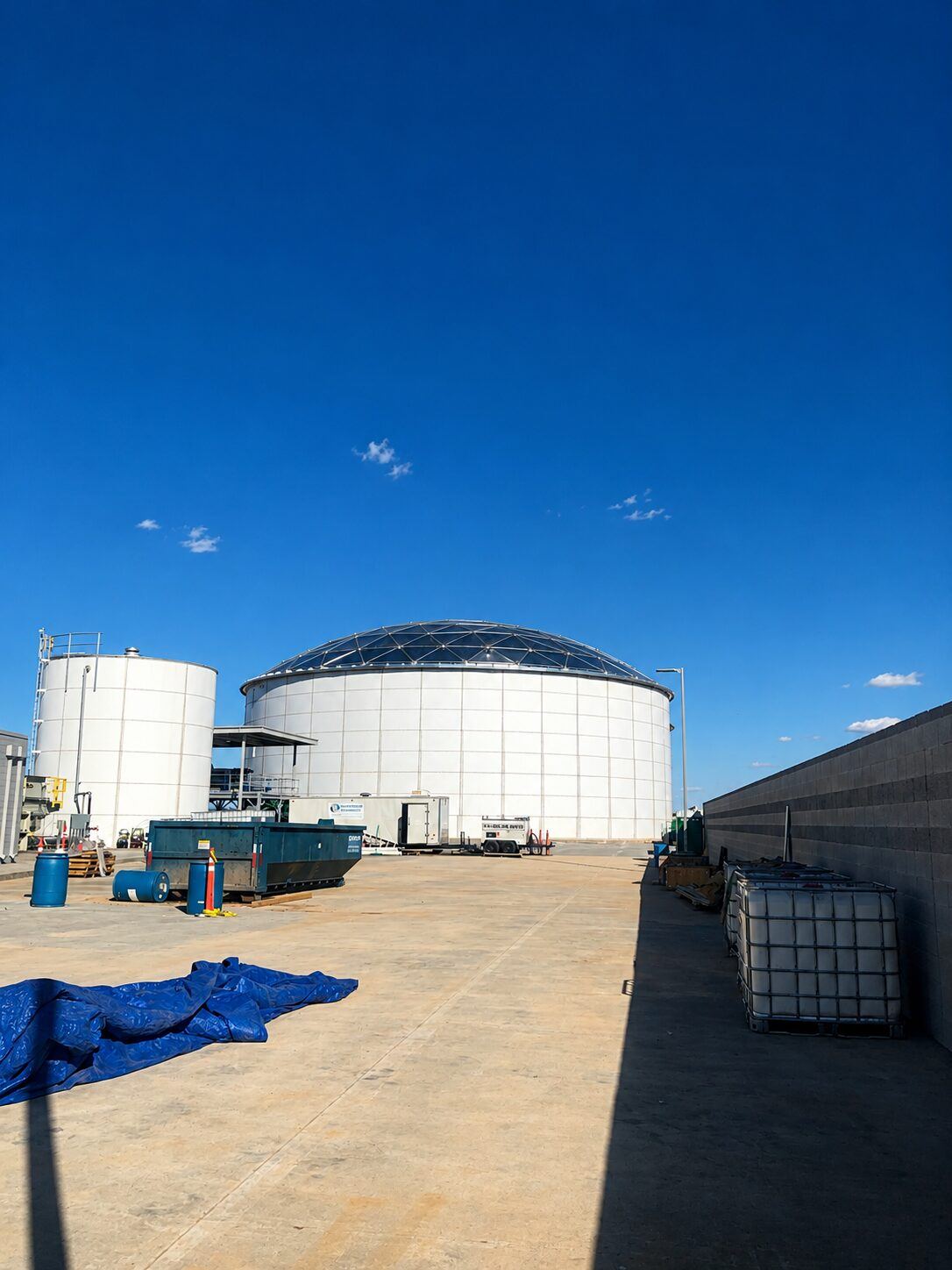 Low-profile aluminum dome cover being completed at sunset with workers on the cover
