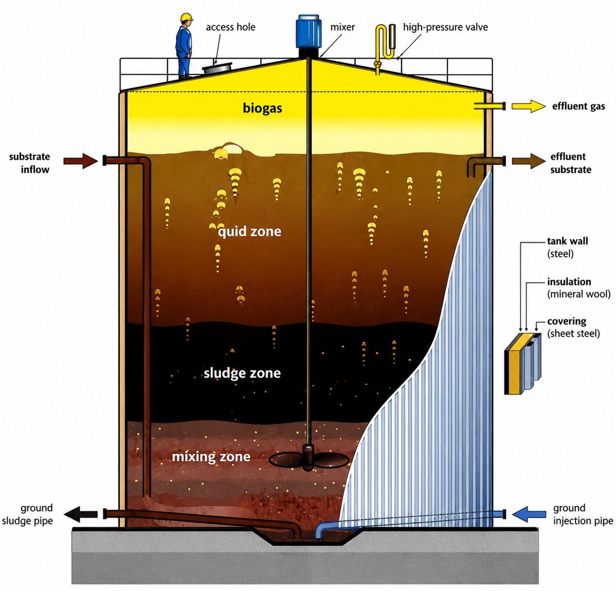 Anaerobic digester showing biogas headspace and liquid zones