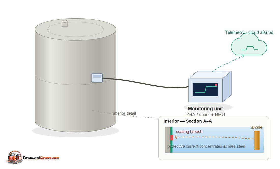 HolidayGuard system concept: galvanic anodes and monitoring on a coated steel tank, with current concentrating at a coating breach
