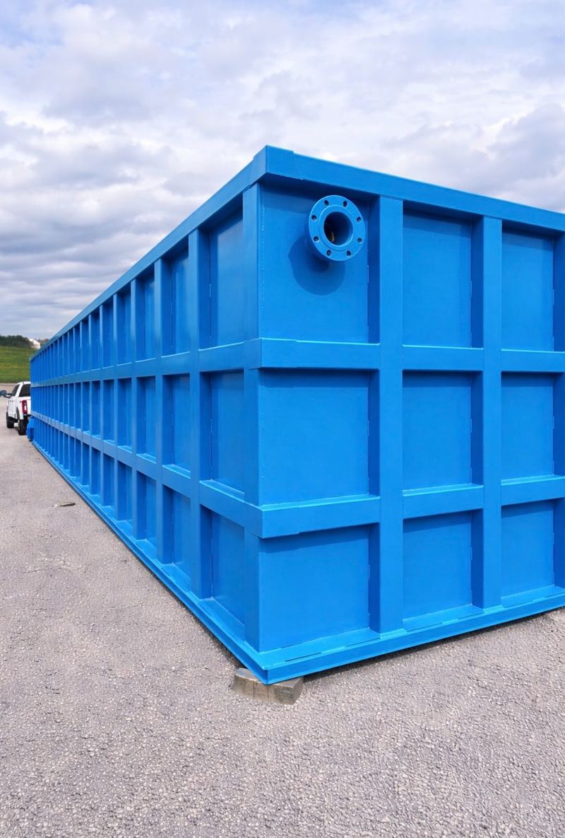 Blue 50-foot modular EnviroBox steel tank for water storage in a yard