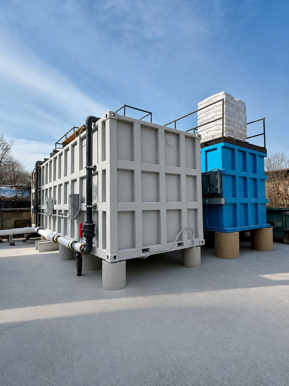Grey and blue shop-welded steel tanks installed on concrete pier supports with process piping and handrails at a water-treatment site