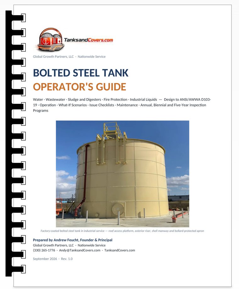 Front cover of the Bolted Steel Tank Operator&rsquo;s Guide: the TanksandCovers.com logo, the title, a subtitle listing water, wastewater, sludge and digesters, fire protection and industrial liquids, a photograph of a tan factory-coated bolted steel tank in industrial service with a roof access platform, exterior riser, shell manway and bollard-protected apron, and the author and revision block