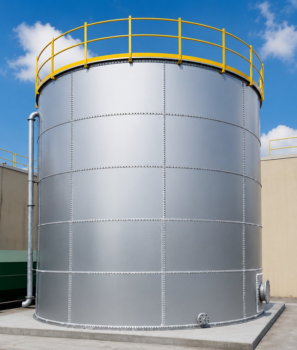 A stainless steel storage tank in service